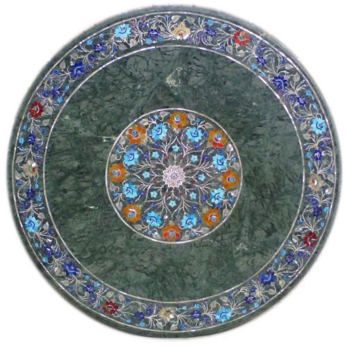 24-inch round green marble patio coffee table with inlaid art
