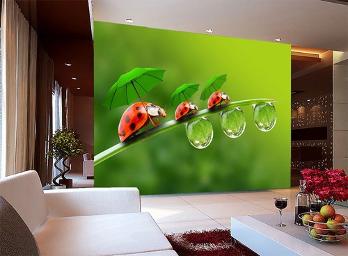 Ladybugs Green Umbrella Rainy 3D Full Wall Mural Photo Wallpaper Home Decal Deco - Picture 9 of 15