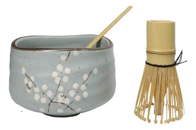 Plum Blue Sakura Blooms Ceramic Japanese Matcha Green Tea Bowl