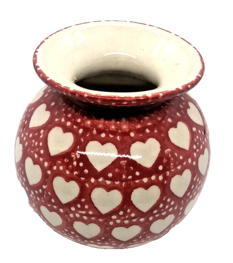 Jarrón redondo de cerámica polaca SEMC corazones blancos sinceros fondo rojo Foto 3 de 4