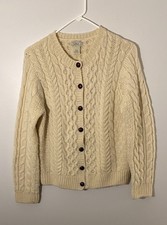 LL Bean Wool Cream Cardigan Made in Ireland Button Front Women s Small Regular