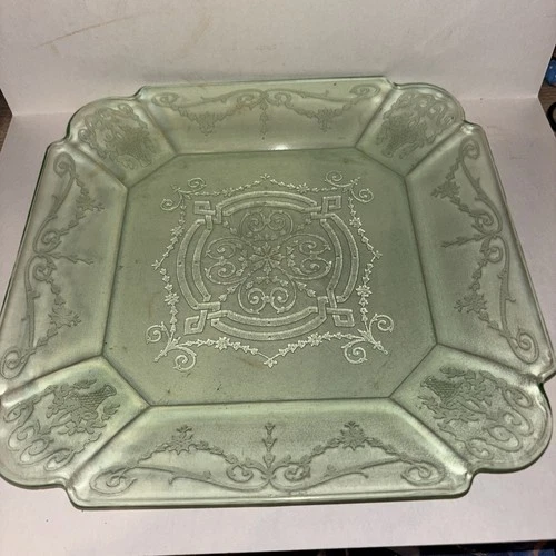 Uranium Green Lorain Depression Glass Square Dinner Plate 10"