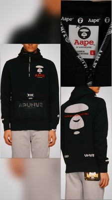 EXTREMELY RARE   AAPE by A Bathing Ape Black Logo Half-Zip Hoodie Men's Large