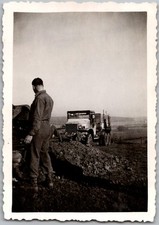 Vtg Snapshot Soldier Man in Uniform US Army Cargo Truck Field WWII 1940s