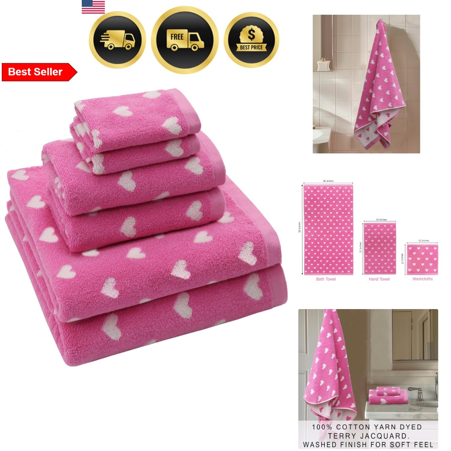 Set Bath Towels Hand Towels Washcloths Pink Heart 6 Piece