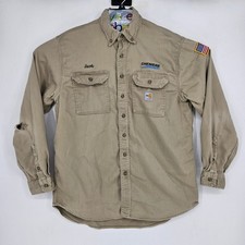 Carhartt FR Shirt Mens Large Flame Resistant Tan Long Sleeve Distressed FLAWS