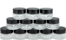, 12, Clear, 15 ml 1/2 oz , Round Glass Jars, with Inner Liners and black Lids
