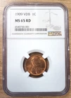 1909 VDB Lincoln Cent Wheat Red Penny, NGC MS-65 RD