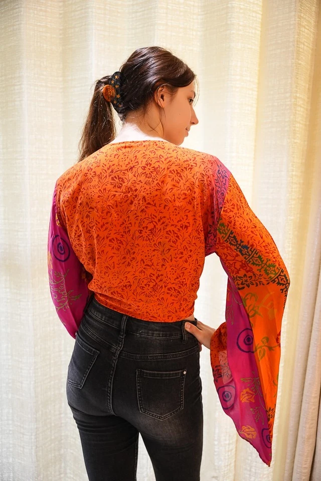 Wrap Top Crepe Tie Blouse Dress Girls Woman Y2k Boho crop Top PS PSW1696 - Image 3 of 4