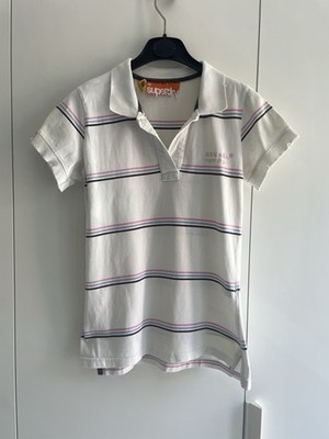 SUPERDRY ORIGINAL VINTAGE POLO SHIRT WOMEN M White Stripe Pink Black Distressed