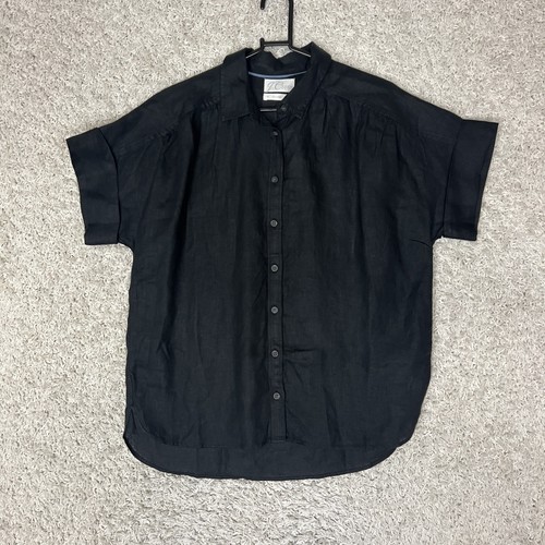 J Crew Linen Shirt Womens Medium Black Relaxed Short Sleeve Button Up Blouse