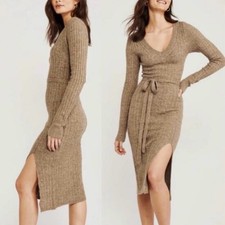 Abercrombie & Fitch Tie-Waist Midi Sweater Dress Front Slit in Brown Size LP