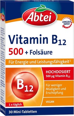 Abtei Vitamin B12 Folsäure hochdosiert Energie Supplement 30Tabletten