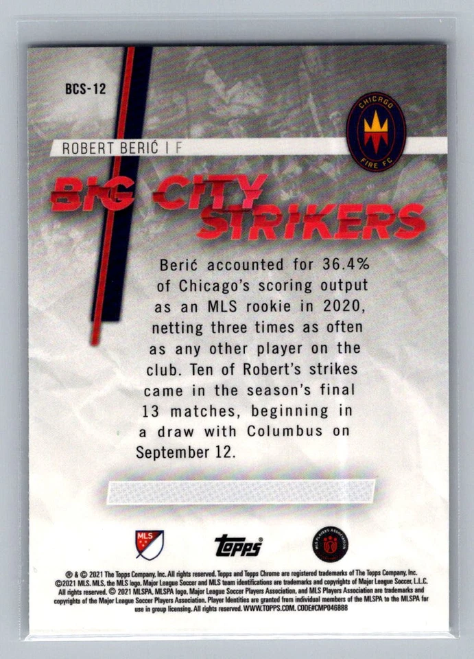 2021 Topps Chrome MLS Robert Berić #BCS-12 Big City Strikers Chicago Fire - Image 2 of 2