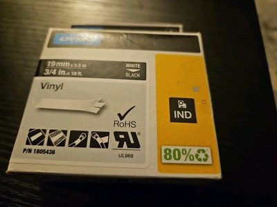DYMO Rhino Permanent Vinyl Industrial Label Tape 3/4'' x 18 ft White/Black Print