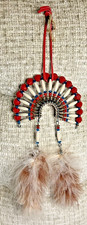 Native American Beaded Indian Headdress w/Feathers Hand Made Red, Turquoise, Tan