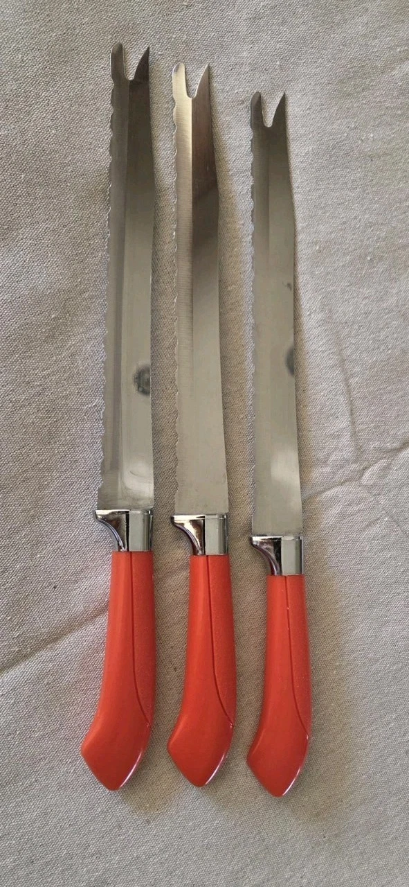 3 Vintage Quikut Stainless Serrated Knife Fork-Tip Bar Bread Tomatoes 8"