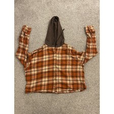SO Hooded Flannel Shirt Womens Medium Orange Plaid Excellent Cropped Button Up