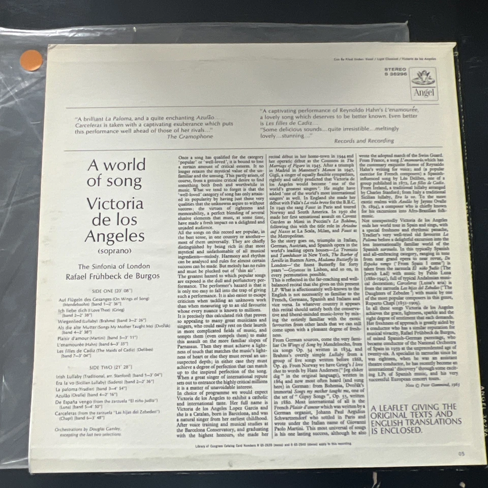 Victoria De Los Angeles A World Of Song UK Import Record Album LP - Image 2 of 3