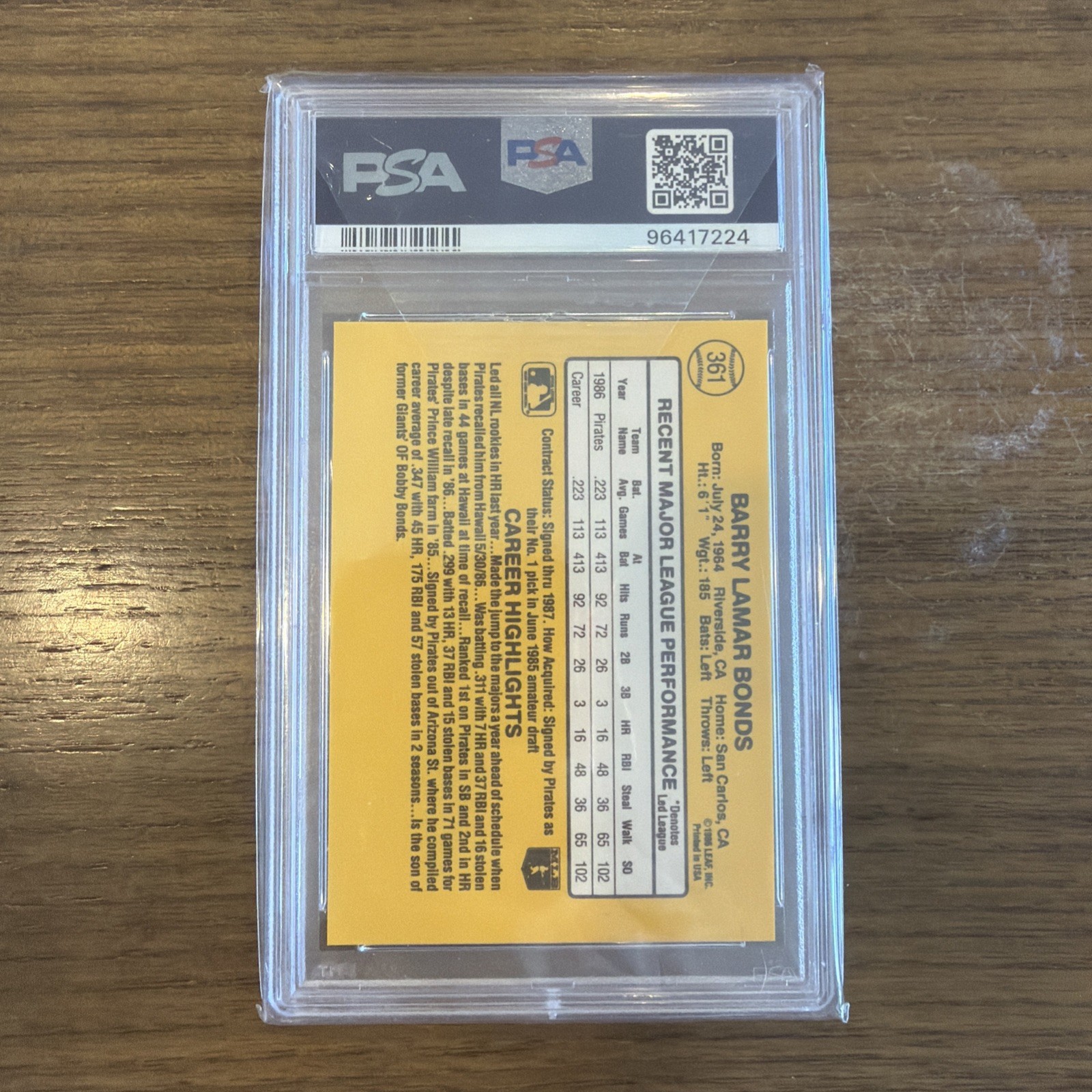 1987 Donruss - Barry Bonds #361 (RC) PSA 8 view 2