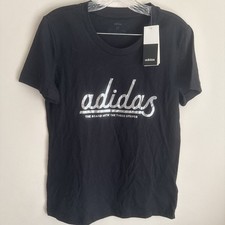 NWT Women  s Adidas T-shirt Black Medium Short Sleeve Foil Spellout FM6176