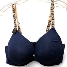 Ambrielle Navy Blue Underwire Push-Up Bra 40DD Leopard Print Straps Full Figure
