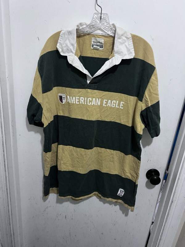 American Eagle Polo Shirt Mens Green Short Sleeve Striped Cotton Size Xl