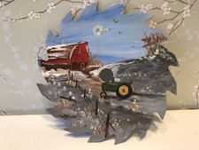Vintage Winter Farm Scene Hand Painted Saw Blade Hanging
