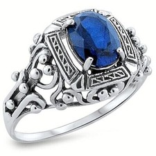 ANTIQUE STYLE 925 STERLING SILVER LAB-CREATED SAPPHIRE FILIGREE RING     253