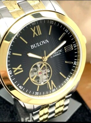 Bulova Men's Watch 98A168 Automatic Black Dial Two Tone Gold Silver Steel 42mm
