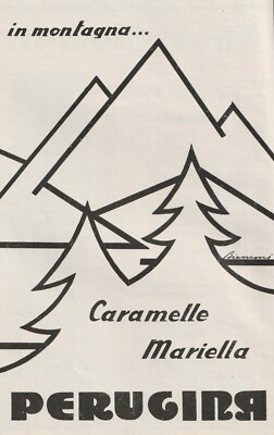 ADVERTISEMENT 1933 PERUGINA CANDIES MARIELLA IN THE MOUNTAINS FIRS WHITE PEAKS