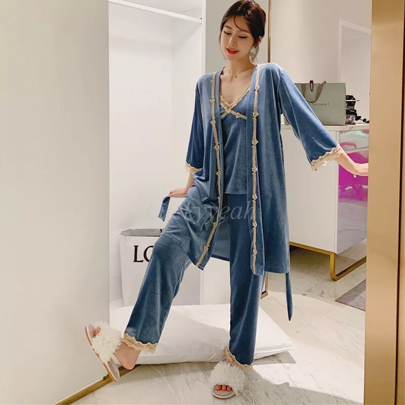 Womens Luxurious Set of 3 Velvet Lace Pyjamas Pajamas Pant Robe Sleepwear