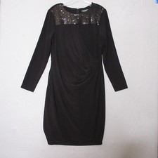 Lauren Ralph Lauren Dress Women Plus 14 Black Sequin Faux Wrap Ruche Long Sleeve