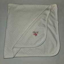 Little Me White Pink Polka Dot Baby Blanket Embroidered Flowers 100 Cotton