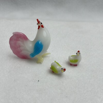 Vtg Hand Blown Multi Colored Glass Mini Rooster And Two Chicks