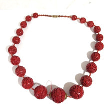 Antique Chinese Carved Cinnabar Graduated Bead Necklace Lacquer Macrame cord