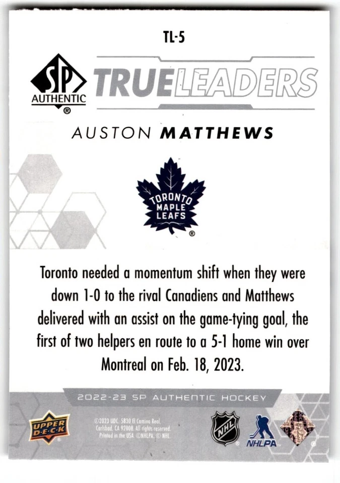2022-23 SP Authentic True Leaders Auston Matthews #TL-5 Toronto Maple Leafs - Image 2 of 2