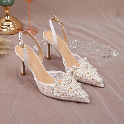 Womens Lace Pearl White High Stiletto Heel Weding Shoes Bridal Party Slingbacks- - Picture 12 of 17