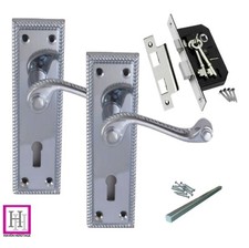 DOOR HANDLES CHROME CLASSIC GEORGIAN ROPE EDGE SCROLL LEVER LOCK AND LOCK & KEYS
