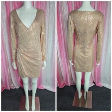 Sequin Gold Wrap Ruched Stretch Lined Club Party Dress Size Medium 