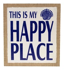 This Is My Happy Place Seashell Burlap on Wood 11 Inch Wall Tabletop Decor