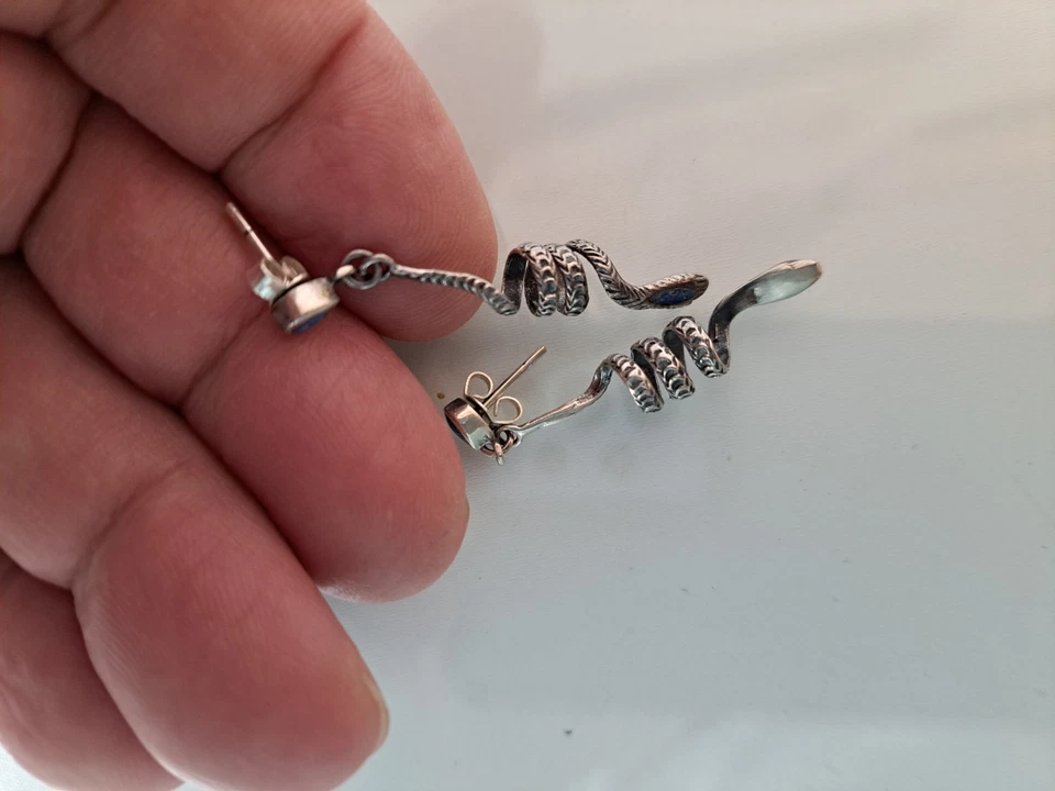 Bella,vecchio Orecchini,Orecchini Pendenti/Spina,925 Argento Con Lapis,Serpente - Immagine 3 di 4