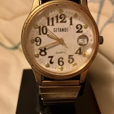 Gitano Quartz Wristwatch Gold Tone White Dial Silver Metal Bracelet Analog