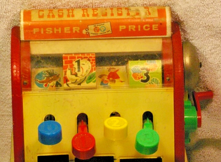 как выглядит Vintage Fisher Price Cash Register Toy 972 from 1960 фото