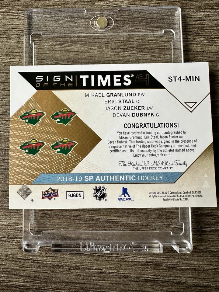18-19 Upper Deck SP Authentic Sign Of The Time 4 Minnesota Wild Granlund Staal - Image 2 of 3