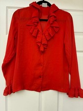 Vintage NuMa of California Secretary Blouse Womens Red Sheer Ruffle Long Sleeve