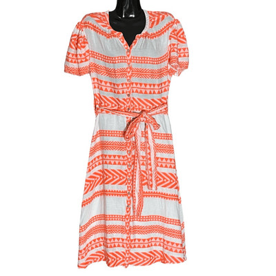DRA Sera Orange & White Aztec Print Button Down Lined Short Sleeve MIDI Dress Sz