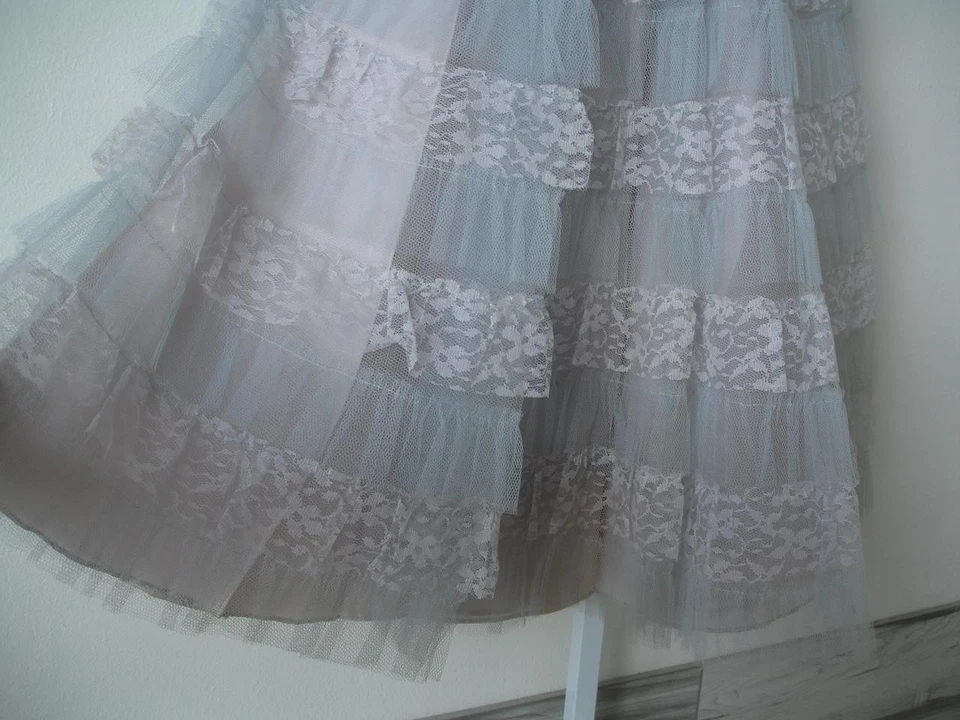 Para Mujer XS De Colección Años 20 Azul Claro Gasa Fiesta Formal Vestido Encaje Transparente Espaguetis Foto 3 de 4