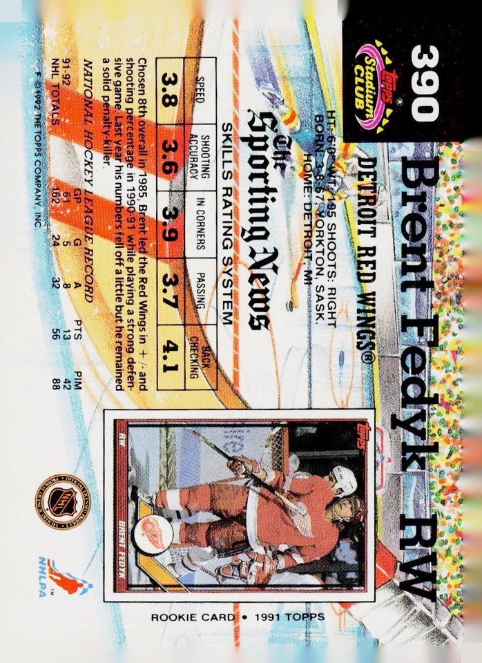 1992-93 Stadium Club #390 Brent Fedyk Detroit Red Wings - Image 2 of 2