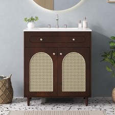 30 Inch Bathroom Vanity with Ceramic Sink Farmhouse Free Standing Rattan Front